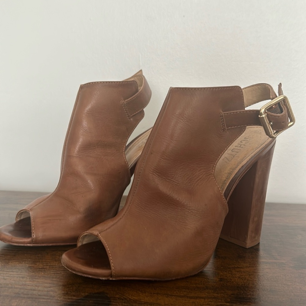 SCHUTZ Cognac High Heel Peep Toe Shoes 7.5